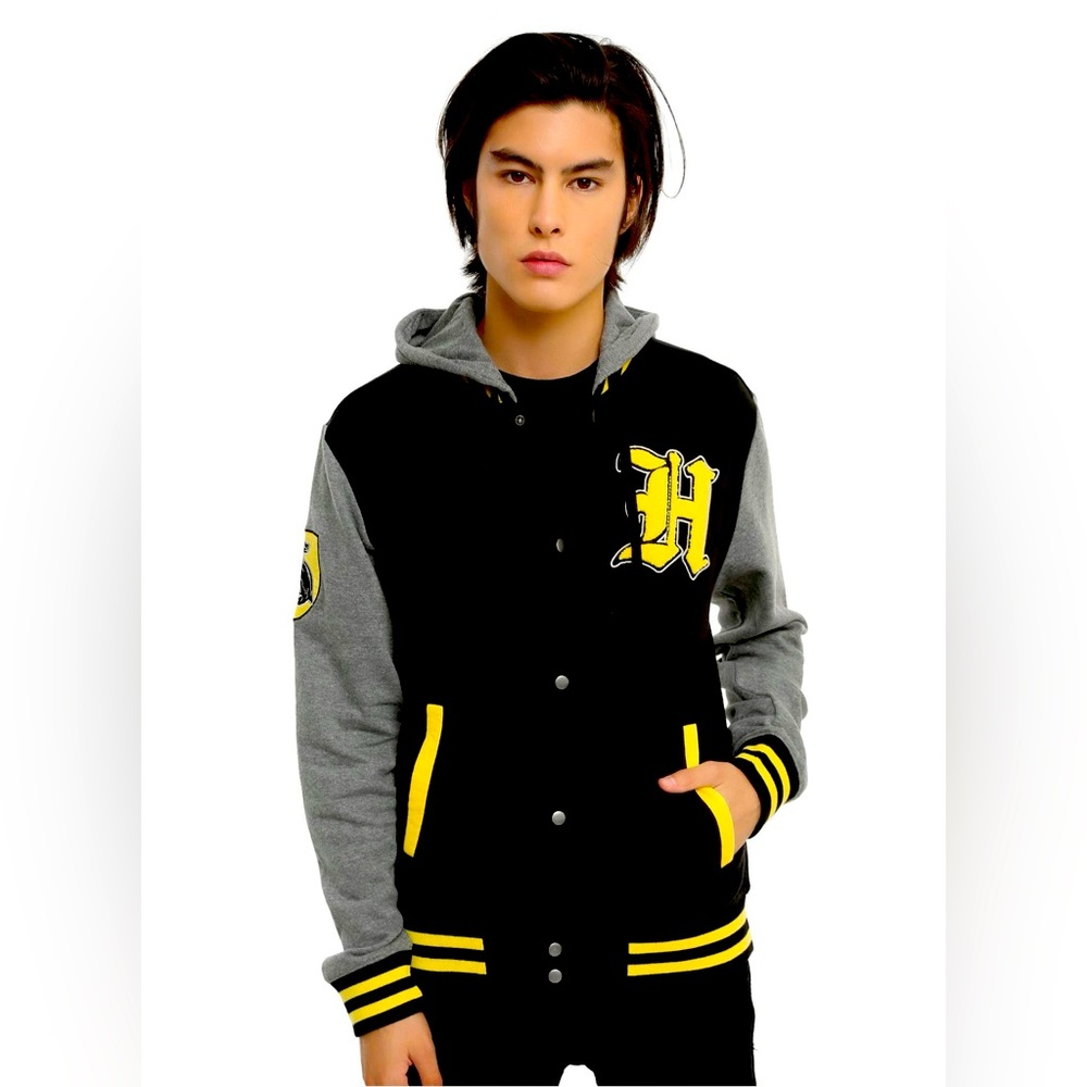 Harry Potter Hufflepuff Varsity Letterman Jacket Hoodie Men's Sz. Sm. Black Gray
